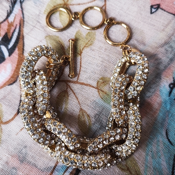 Chunky BOLD Gold Tone Rhinestone Encrusted Link Bracelet Rapper Style Unsigned - Picture 2 of 8